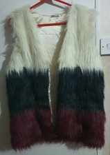 Fluffy Faux Fur Ladies Black Cream & Red Sleeveless Jacket Overcoat Size Uk 14