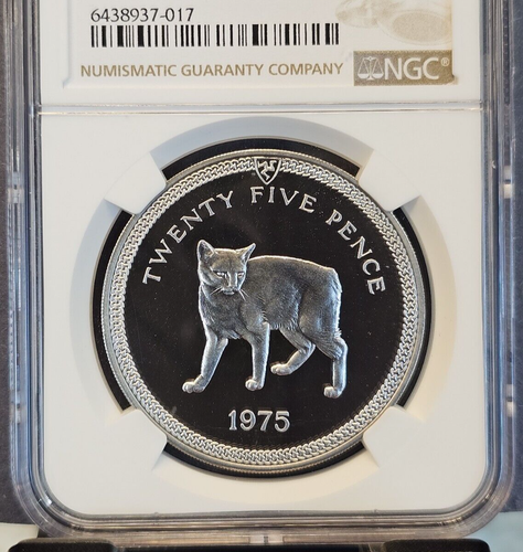 1975 ISLE OF MAN SILVER 25 PENCE MANX CAT NGC PF 68 ULTRA CAMEO RARE TOP POP - Picture 3 of 3