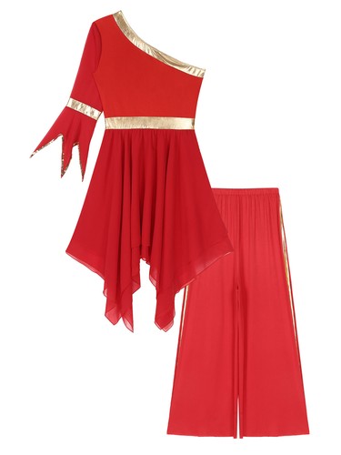 Womens Dress Worship Costume Two Piece Dancewear Celebration Trousers Chiffon - Afbeelding 9 van 51