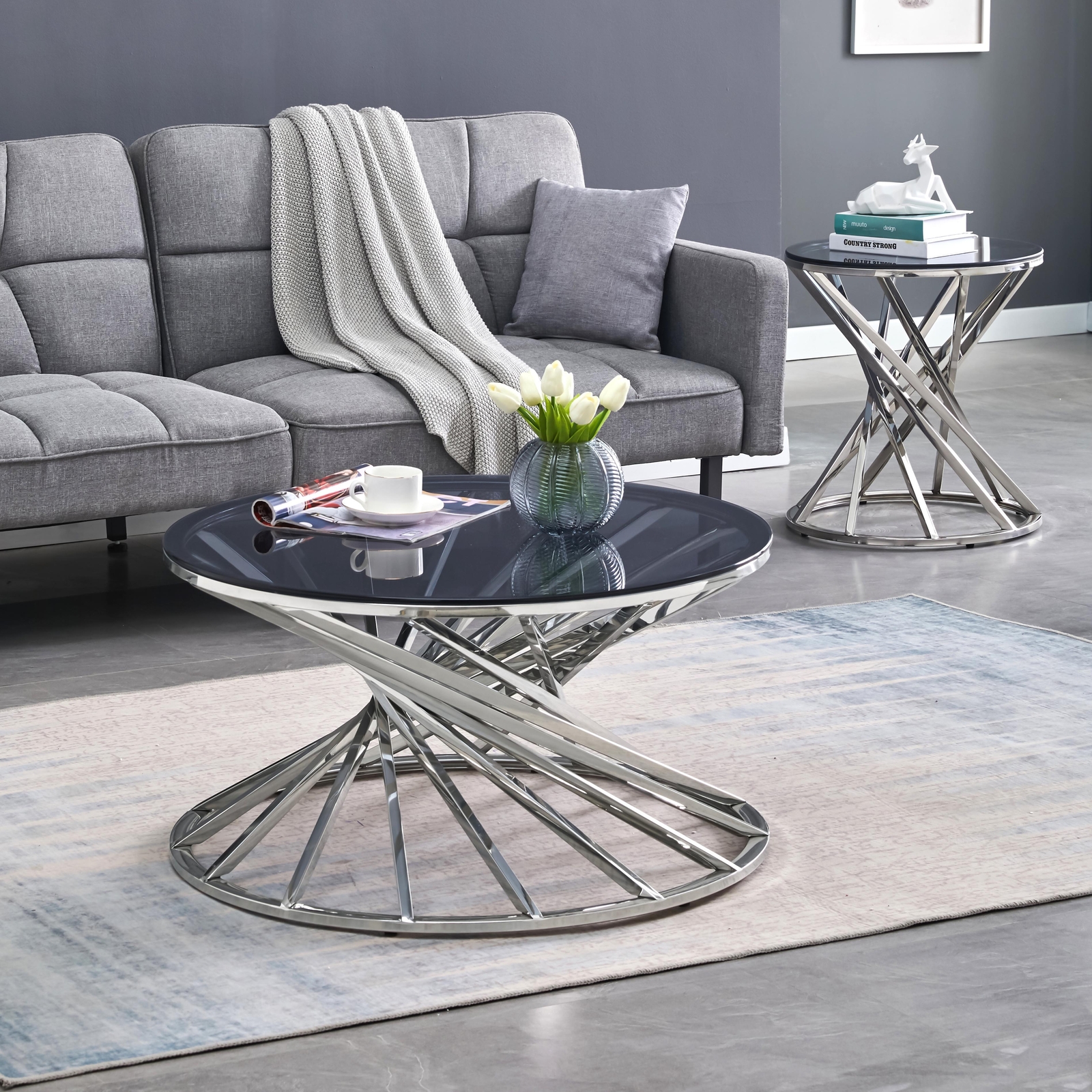 Round Coffee Table and Side Table With Smoked Glass Top Living Room