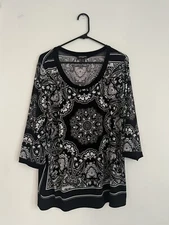 Notations Blouse Womens Size 1X Black White Scoop Neck 3/4 Sleeve Pullover Top