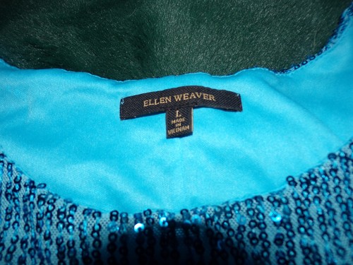 Ellen Weaver Size Large Blue Sequin Dress Puff Sleeve Mini - Picture 6 of 8