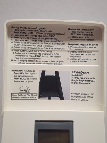 Braeburn 5000 5-2 Day Programmable Single Stage Heat/Cool Digital Thermostat-B03 - Picture 5 of 8