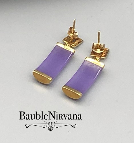 Pendientes colgantes chinos vintage de oro amarillo de 14K lavanda púrpura jade - Imagen 3 de 3