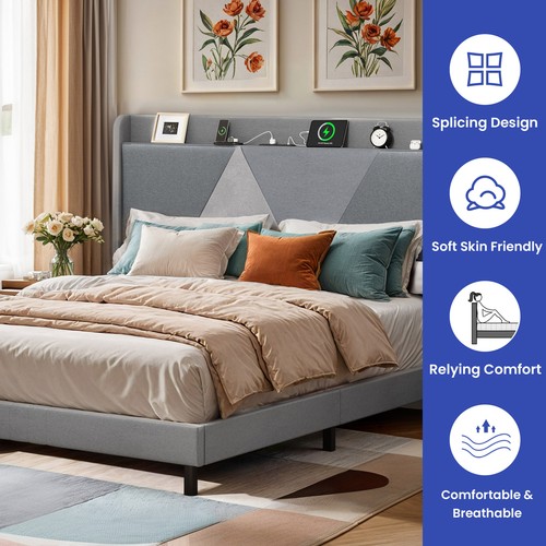 Linen King Size Platform Bed Frame w/ Wingback Charging Upholstered Headboard - Picture 3 of 12