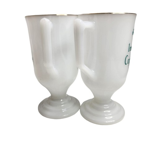 Vintage Irish Coffee Milk Glass Mugs Footed Pedestal Shamrocks Gold Rim Lot of 2 - Picture 4 of 6