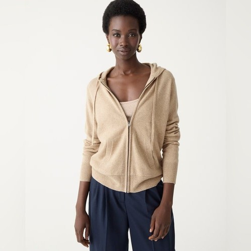 J Crew women’s Cashmere full-zip sweater-hoodie in heather stone Size L NWOT