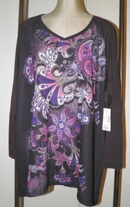 New-CATHERINES-3X-Tunic-Knit-Top-Shirt-Boho-Paisley-on-Black-Studs-Long-Hippie