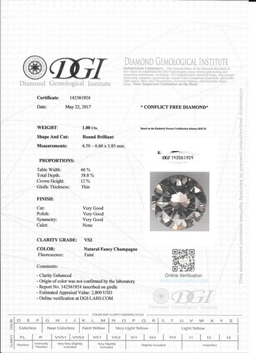 Diamante Natural Redondo Elegante Champagne Color Certificado VS2 Mejorado 1,00 Quilates - Imagen 3 de 9