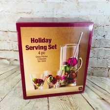 Glass Pitcher w/ 2 Glasses & Stirrer - Clear Glass Holiday Serving Set mcm style