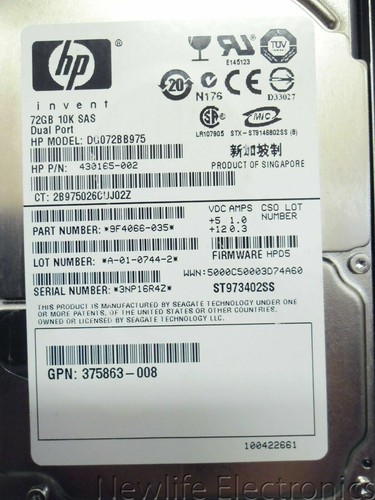 HP DG072BB975 72GB 10,000 RPM 2.5 in. SAS HDD 430165-002 - Picture 4 of 6