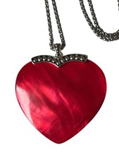 Vintage Signed Red Heart Heart Pendant Necklace Silver Tone Chain 16"