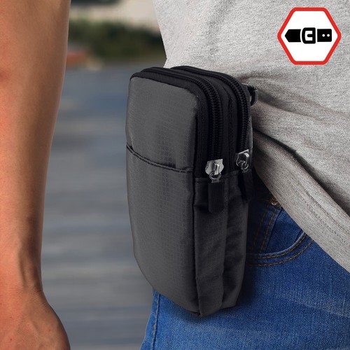 Etui Ceinture Smartphone Passant Ceinture Mousqueton Lanière 2 Poches gris - Photo 3 sur 6