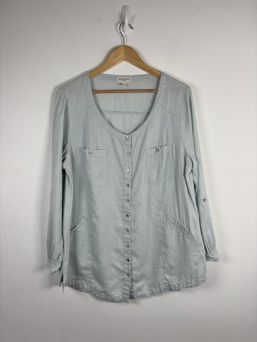 Monsoon Linen Size UK 16 Blue Green Mint Tunic Top Buttoned Down Utility