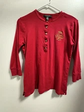 Lauren Ralph Lauren Red 3/4 Sleeve Henley Gold Buttons Beaded Logo Women’s M
