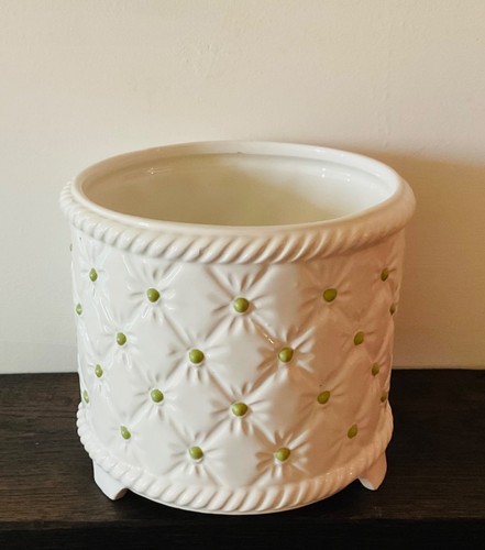 Vintage St Michael ‘Quilt’ Ceramic Plant Pot White And Green Italian Made