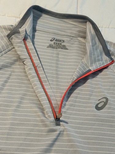 Asics Men's M 1/4 Zip Stripe Long Sleeve Pullover Track Jacket White/Gray EUC - Picture 12 of 18