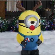 NEW 3.5' Airblown Minion Stuart With Antlers And Red Nose Christmas Inflatable