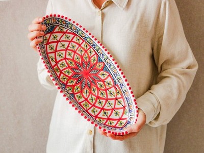 Handmade Red & White Oval Ceramic Plate   40cm Tunisian Serving Platter