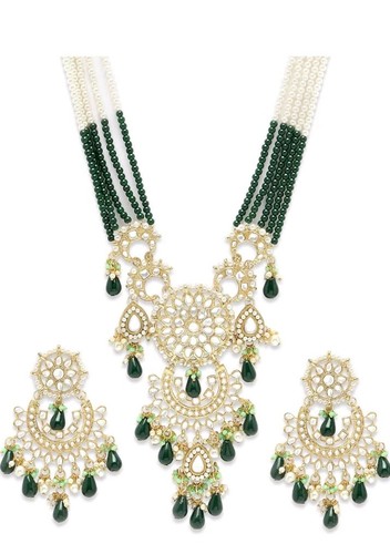 Indian Gold Plated Green Drop Beads Kundan Rani Haar Necklace Set for Women's - Picture 1 of 8