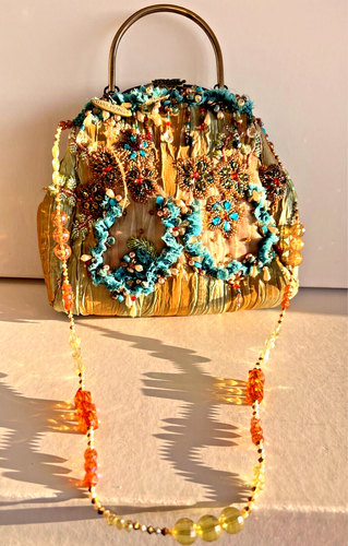 Vintage MARY FRANCES Silk Beaded Gold Teal Blue Crossbody Retired RARE Style - Picture 6 of 12
