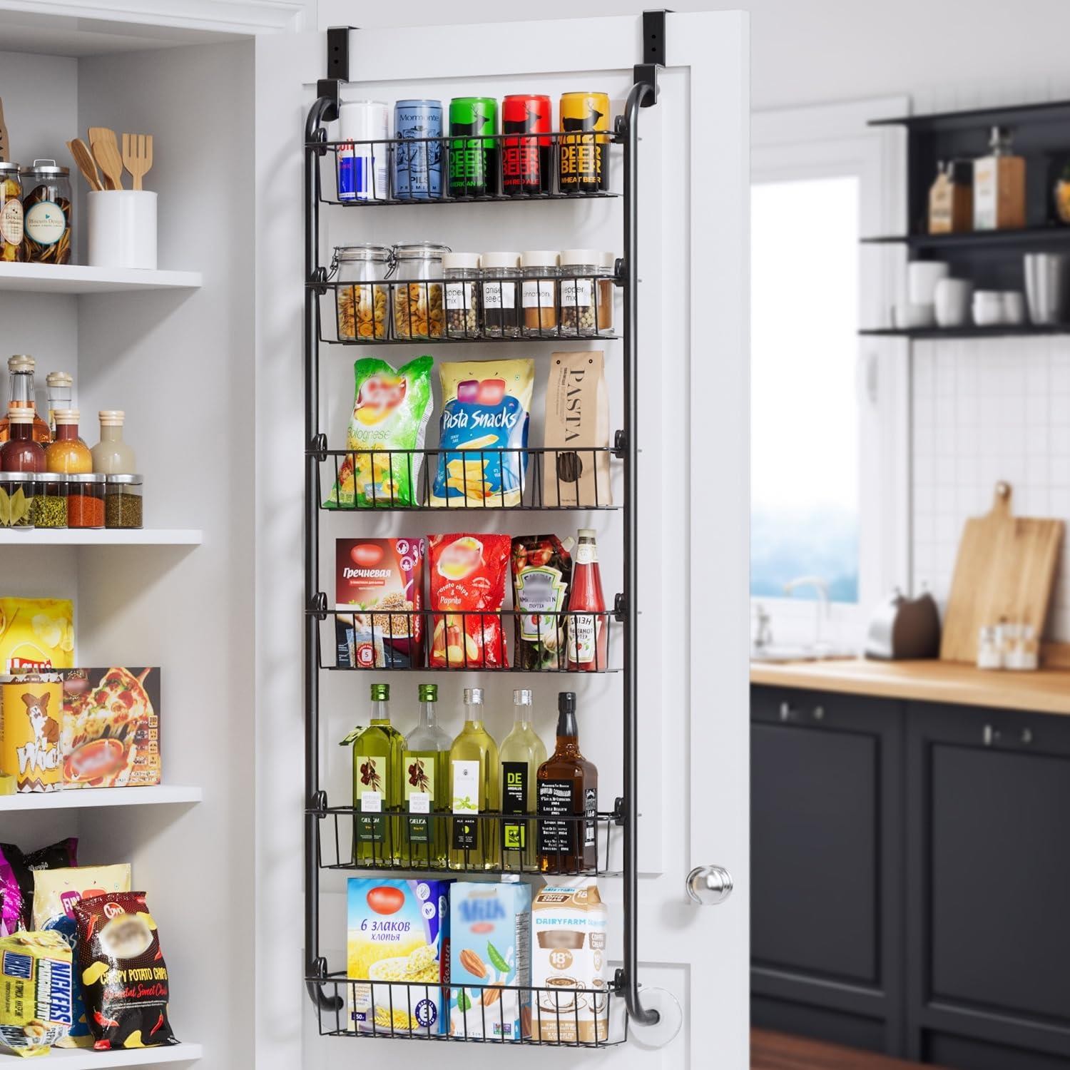 6-Tier Over-the-Door Pantry Organizer, Easy-to-Install Hanging Storage Rack.