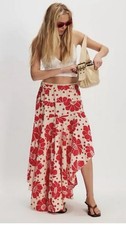 Free People Poppy Printed Maxi Skirt Floral Asymmetrical Hem Red Combo M NWT