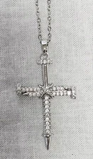 Silver Tone Necklace Nail Cross Pendant White Crystals J1-3596