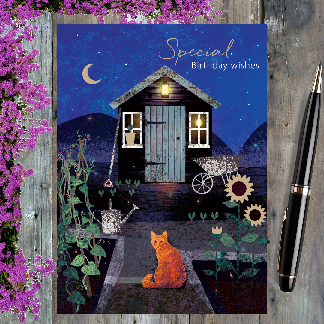 Cat Themed Birthday Card - Cat & Shed  - V Selby - Sale For Our Animal Charity