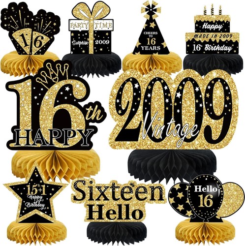 Chic 16th Birthday Decorations: Black Gold Honeycomb Centerpieces Set of 9 - Imagen 3 de 9