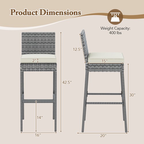 4 PCS Patio Wicker Barstools Bar Height Chairs W/ Cushions Backyard Off White - Picture 3 of 9