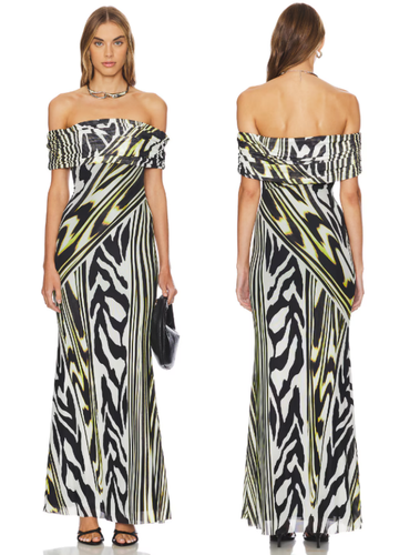 AFRM McCall Off the Shoulder Ruched Mesh Overlay Maxi Zebra Lime Dress  sz L - Picture 6 of 23