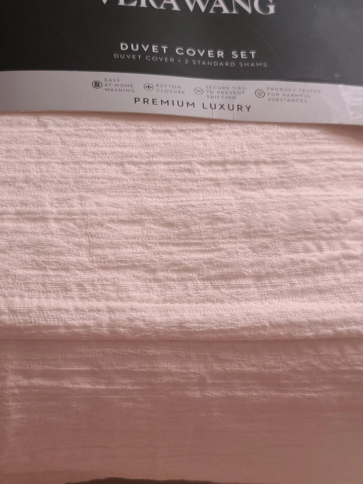 Juego de 3 piezas 🌷 Blanco Puro Contemporáneo Textura Lineal VERA WANG QUEEN EDREDÓN y Fundas Foto 2 de 4