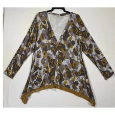 Logo Lori Goldstein Cardigan Top XL Flowy Abstract Gray Gold Button