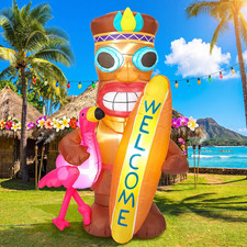 5 FT Inflatable Tiki Flamingo Decoration with LED Lights, Hawaiian Luau Party De