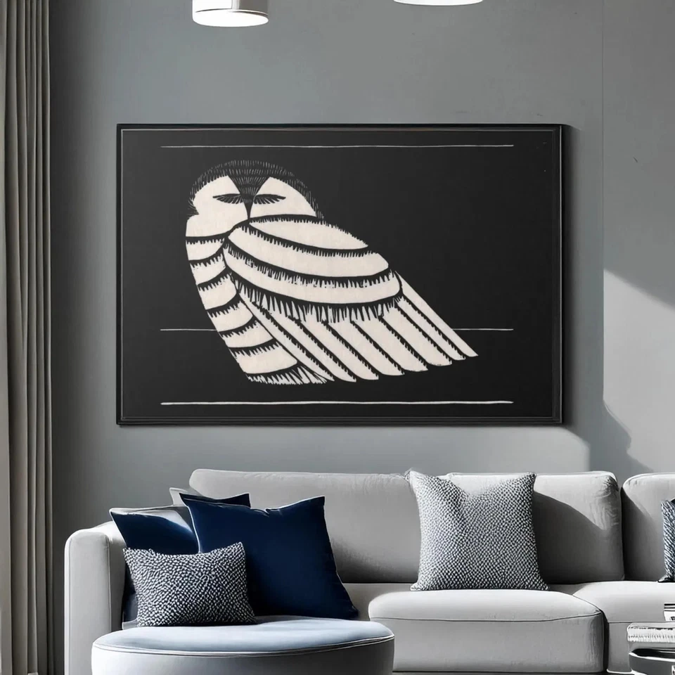 Impresión de búho nevado - arte de pared en lienzo - póster enmarcado en blanco y negro Foto 3 de 3