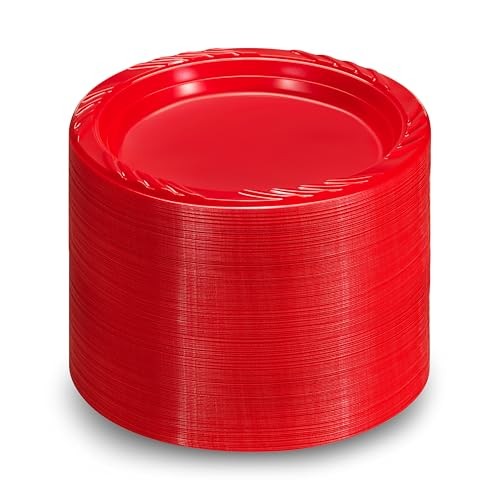 Munfix 100 Plastic Plates Set - 9 Inch Disposable Dinner Plates Bulk Pack, Red - Picture 5 of 7
