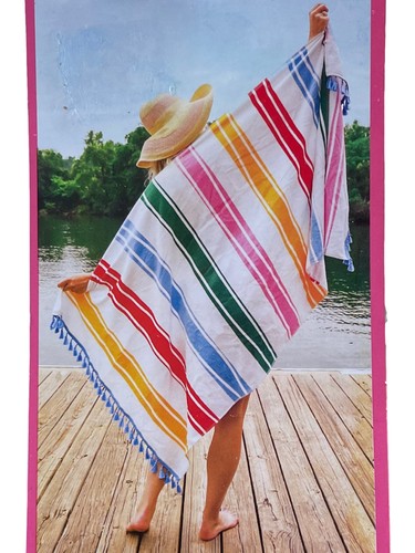 100% Cotton Colorful Striped Oversized Beach Towel with Fringe, 35" x 70" - Photo 2/3