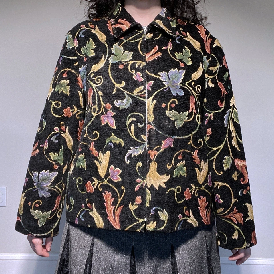 Винтажный 90-х «Портрет» черный и многоцветный цветочный лист гобелен молнии куртка XL - Изображение 2 из 4