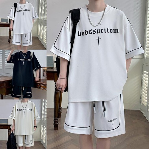 Men's Comfortable Summer Wear 2PCS Set of Letter Printed T Shirt and Shorts - Picture 3 of 26