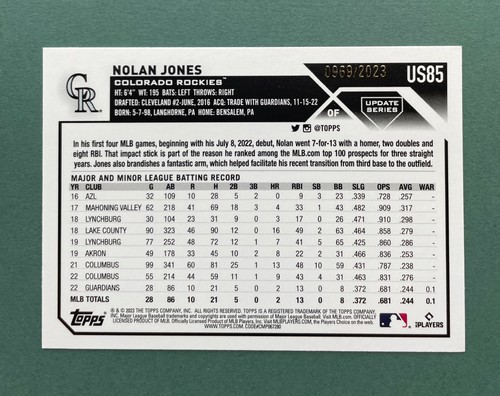 2023 Topps Update Baseball Nolan Jones Gold Border #'d /2023 Rookie RC - Picture 2 of 2