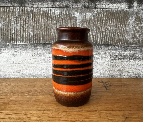 Jarrón vintage de lava grasa de Alemania Occidental 237-75 marrón con anillos naranjas y negros - Imagen 2 de 5