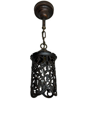 1920s Gothic style hanging iron porch light fixture