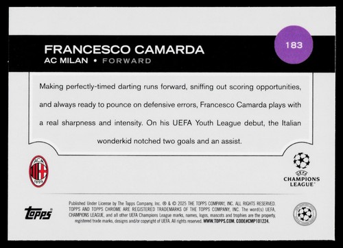 2024-25 Topps Chrome UEFA Club Competitions #183 Francesco Camarda - Picture 2 of 2