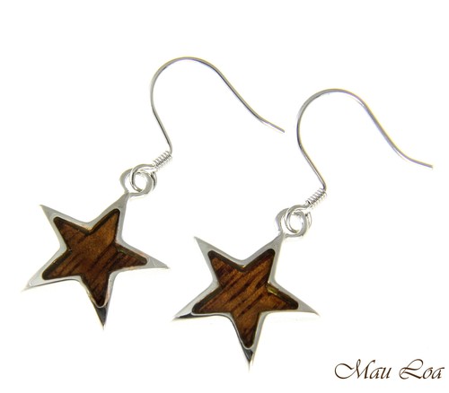 Koa Wood Hawaiian Star Rhodium Silver Plated Brass Hook Wire Earrings - Picture 2 of 2