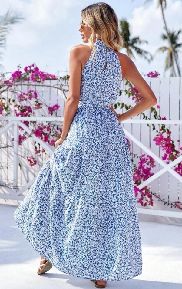 Boutique Sommerkleid Strand Sommer Geblümt Hellblau Blau Weiß L 4042 (12) Neu