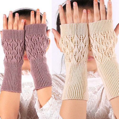 Womens Long Half Finger Fingerless Gloves Arm Hand Warmer Knitted Mittens Winter - Picture 29 of 31