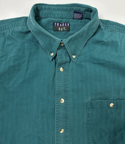 Vintage 90s Trader Bay Herringbone Shirt Men 2XL Oversized Teal Long Sleeve - Picture 16 of 16