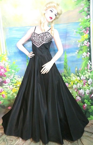VINTAGE 1950 black TAFFETA Long DRESS beaded bodic