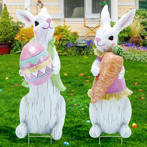 Easter Decorations Rabbit Bunny With Egg & Carrot Yard Signs Stakes Outdoor 2PCS - Picture 7 of 12